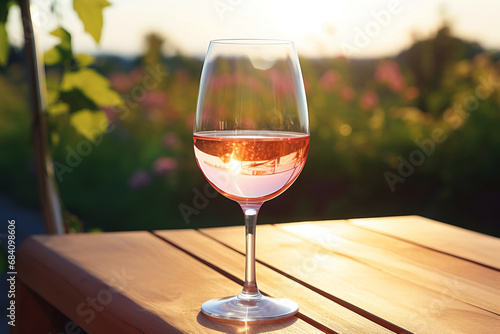 Glass of rose wine on a wooden table against the backdrop of a vineyard at sunset