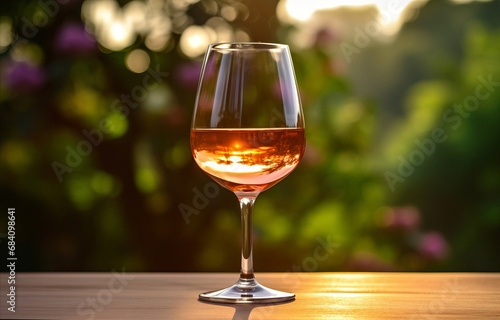 Glass of rose wine on a wooden table at sunset