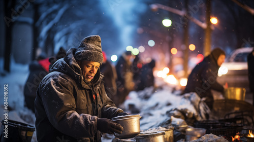 Volunteers distribute food to homeless people on a snowy city street photo