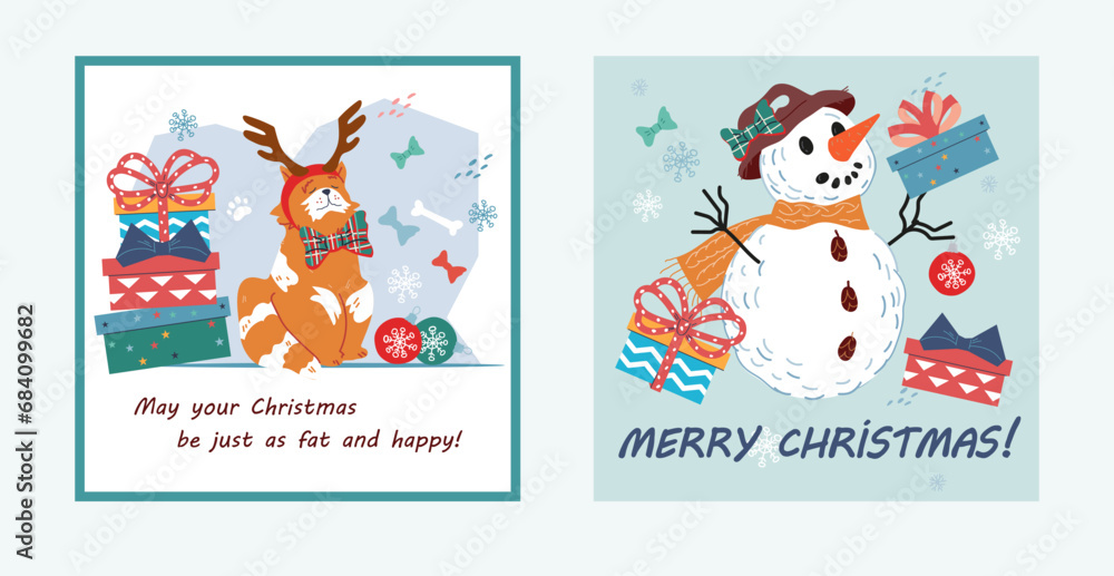 Design kit with snowman Christmas cards, flat vector illustration. Christmas and New Year unique designs to create greeting cards and posters.