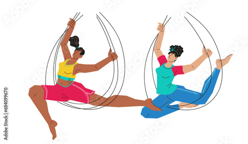 Aerial yoga concept with women on canvas flying hammocks, flat vector illustration isolated on white background. Women practice aerial or fly yoga, gymnastic and fitness workout in hammocks.