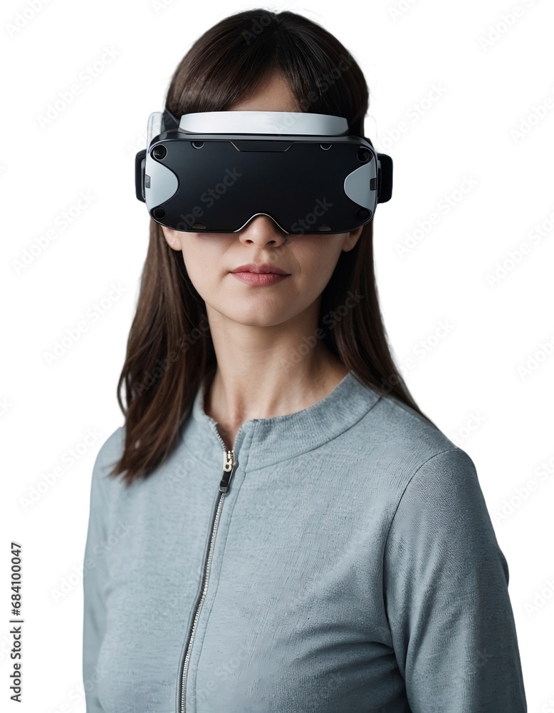 A middle-aged woman wearing VR glasses. Trying new technologies concept. isolated, transparent background, no background. PNG.