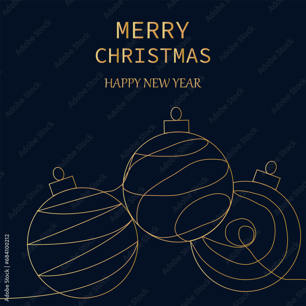 Fototapeta premium New Year Christmas background, greeting card with Christmas tree balls in minimalist one line style, gold color on dark background. Hand drawing. For printing, greetings, decor, festive mood