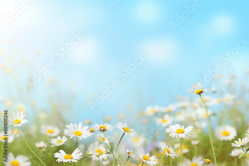 A beautiful meadow field with fresh grass and flowers in nature against the background of a blurred blue sky with clouds. Summer spring is an ideal natural landscape.