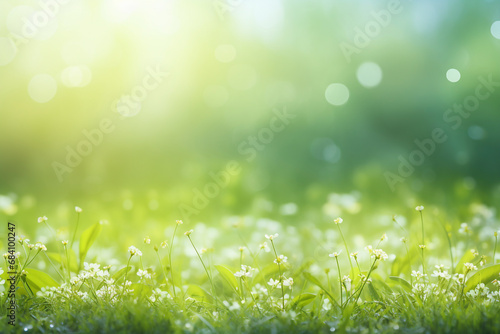 Art abstract spring background or summer background with fresh grass. Spring and nature background concept, Closeup green grass field with blurred park and sunlight.