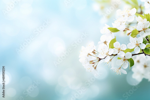 Natural growing grass field. Abstract blurred website banner background of of spring white cherry blossoms tree. selective focus. 