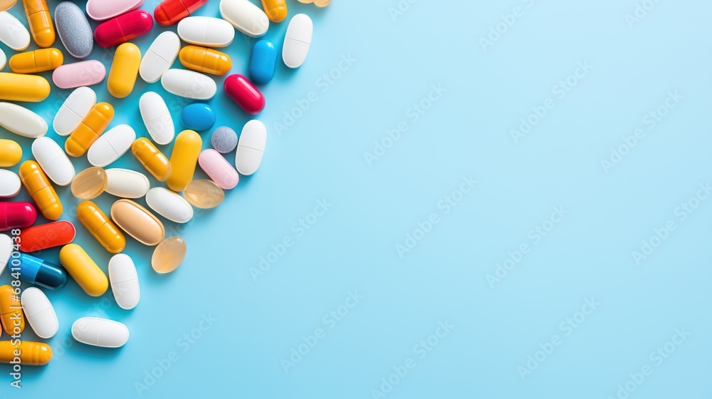 Different kinds of pills, drugs in different colors and sizes on blue background. Top view, flat lay