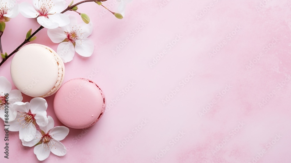 Flat lay composition with gift macaroons, and flowers on a pink background. Stylish invitation. Postcard Happy Valentine's Day, International Women's Day