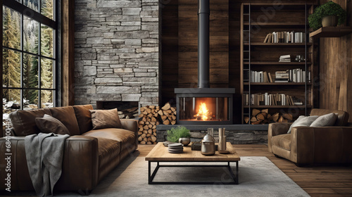 Loft cozy interior living room with fireplace, firewood and large sofa, industrial style.