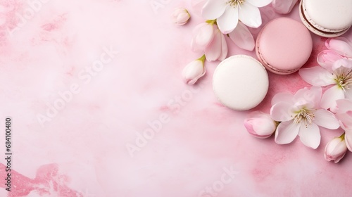 Flat lay composition with gift macaroons, and flowers on a pink background. Stylish invitation. Postcard Happy Valentine's Day, International Women's Day