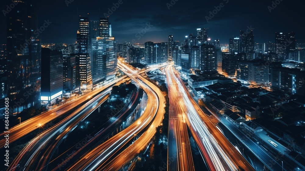 Blur in the movement of car lights on the roads of the night city. Abstract panoramic background Blur in the movement of car lights on the roads of the night city. Abstract panoramic background