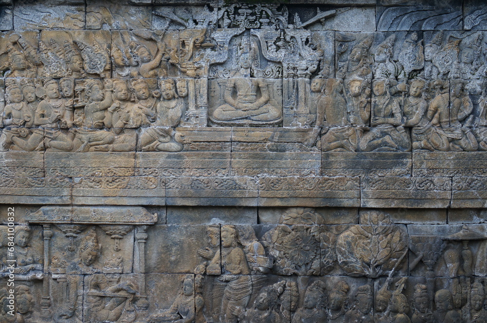 Bas relief stone sculpture at Borobudur, Indonesia Bas relief stone sculpture at Borobudur, Indonesia