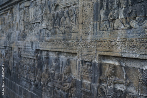 Bas relief stone sculpture at Borobudur, Indonesia