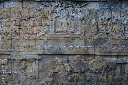 Bas relief stone sculpture at Borobudur  Indonesia