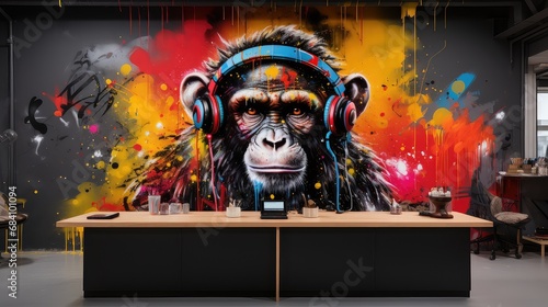 małpka kolorowa w słuchawkach muzycznych mamalowana na ścianie.