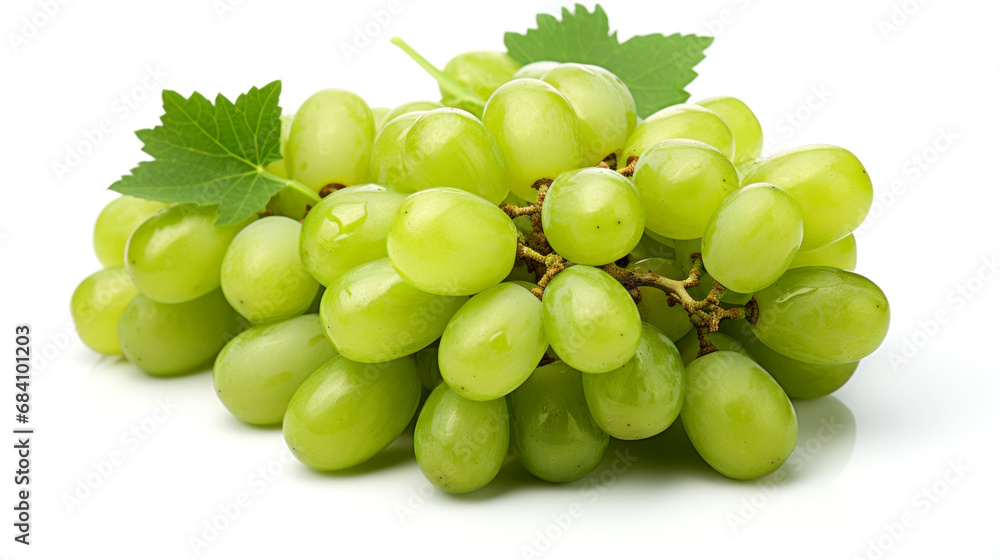 Green grapes cluster against a pristine white backdrop Green grapes cluster against a pristine white backdrop