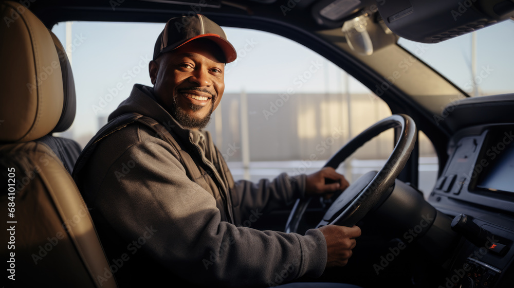 Happy man with a cap, driving a car and smiling, giving a sense of enjoyment and comfort in the vehicle's interior.