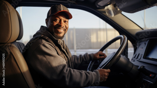 Happy man with a cap, driving a car and smiling, giving a sense of enjoyment and comfort in the vehicle's interior. © VLA Studio