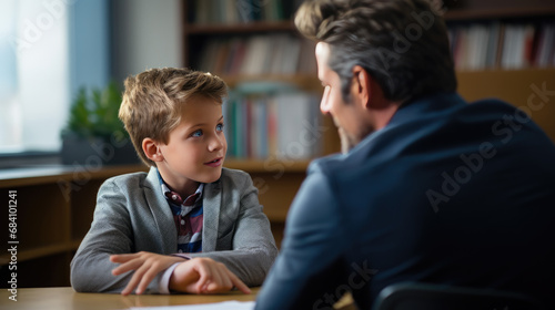 Young boy and an adult man engaged in a serious conversation, with the boy looking attentively at the man, suggesting a moment of learning or mentorship. photo