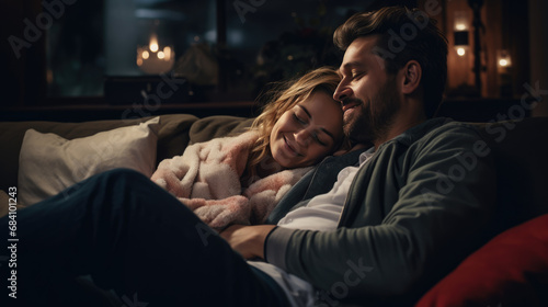 Couple is sharing a cozy and affectionate moment on a sofa, wrapped in a blanket, with a sense of comfort and happiness in a serene home setting.