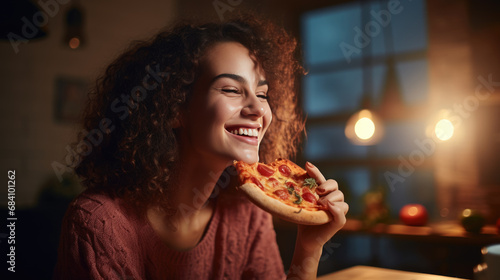 Smiling woman with curly hair  happily eating a slice of pepperoni pizza in a cozy home kitchen setting  illuminated by warm evening lights.