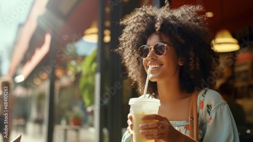 Curly-haired woman enjoying iced tea at a cozy cafe