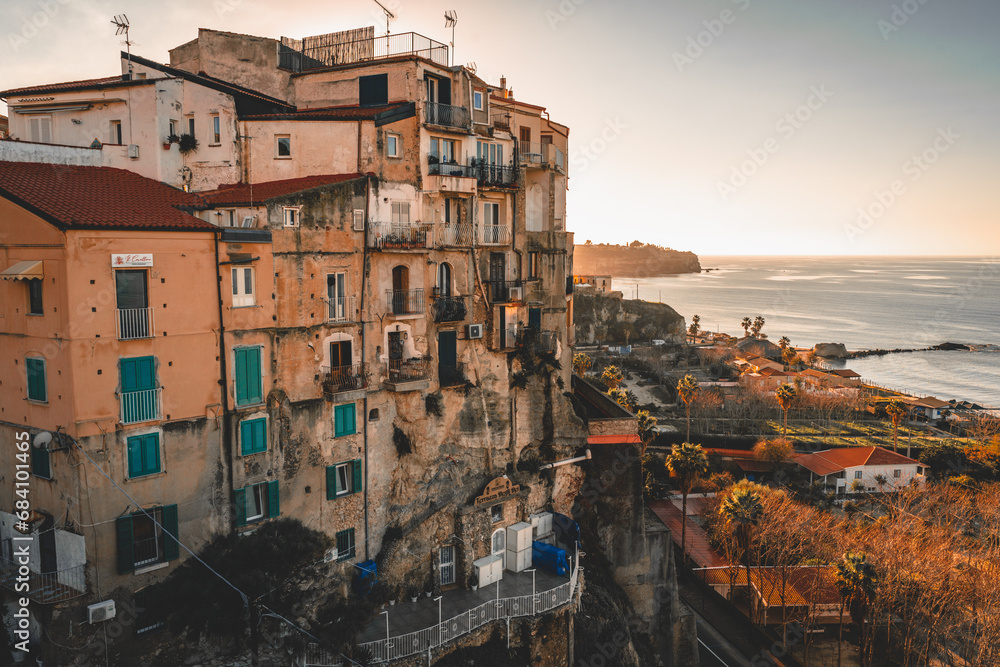 View of the beautiful city of Tropea in Calabria, Italy, during Sunset.