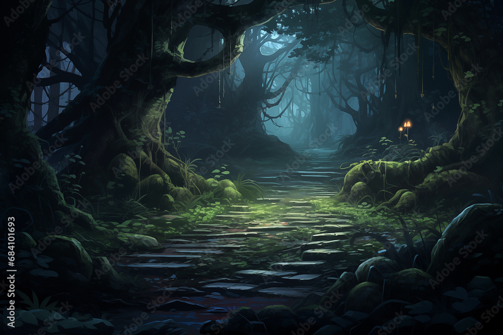 霧に包まれた神秘的な森の風景イラスト