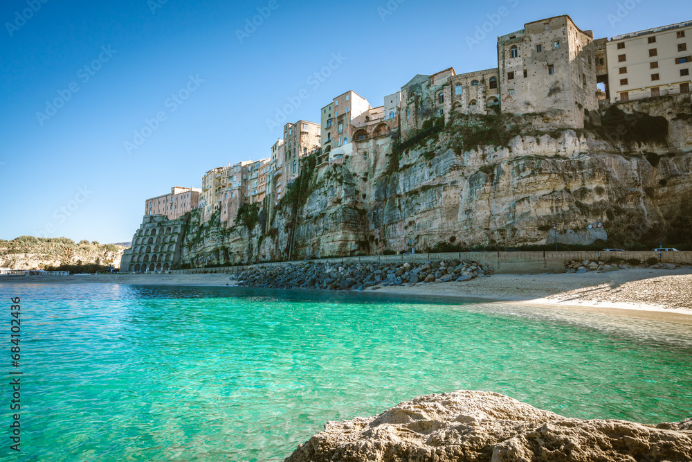 View of the beautiful city of Tropea in Calabria, Italy, during Sunset.