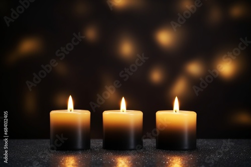 In this close-up shot, three candles burn brightly against an abstract black backdrop, inviting contemplation of a celebratory atmosphere, festive concept. Created with generative AI tools