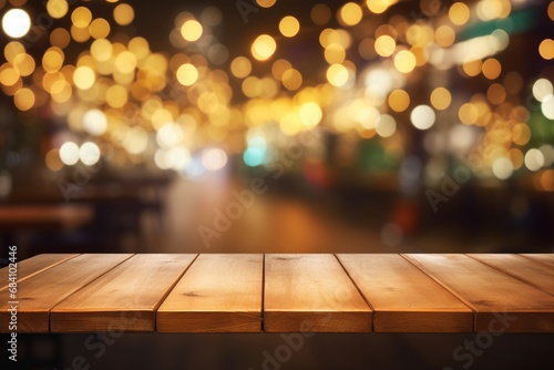 A wooden table stands out against the dreamy and blurred backdrop of restaurant lights, offering a captivating setting for a dining adventure. Created with generative AI tools