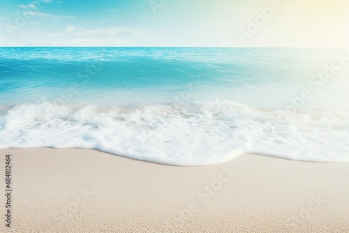 The beauty of an abstract sandy shore under the warm sunlight, kissed by turquoise waves—a background concept for a serene seaside resort, space for text or product. Created with generative AI tools © Oleksii