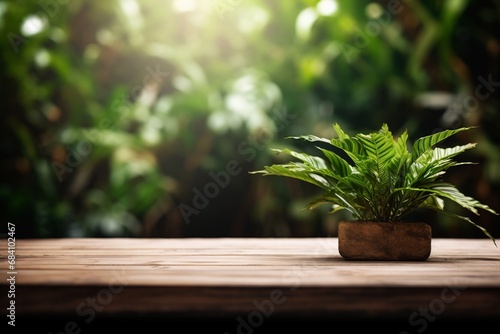 The wooden platform complements the greenery of the plant in the background. Created with generative AI tools