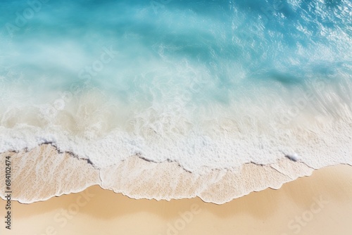 An abstract sandy beach is bathed in the transparent hues of light blue waves  complemented by the sun s warm rays   a picturesque summer vacation background concept. Created with generative AI tools