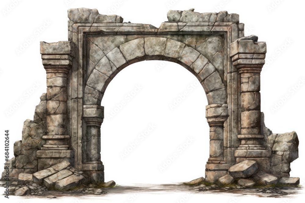 Ancient Stone Archway Ruins Decorative, Walkthrough Door Portal, Isolated