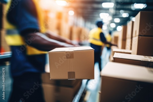 Blurred Image Of Warehouse Employees Efficiently Moving Shipment Boxes © Anastasiia