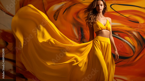 A fashion editorial photoshoot of a female model in her 20s in yellow dress photo