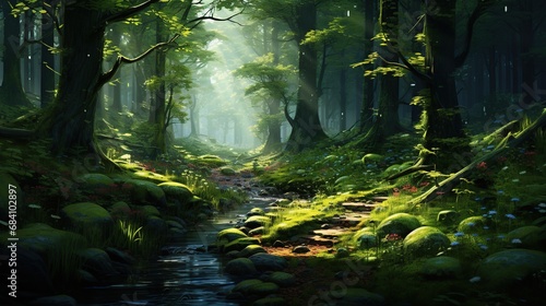 Serenity lush natural green forest in nature. Generative AI