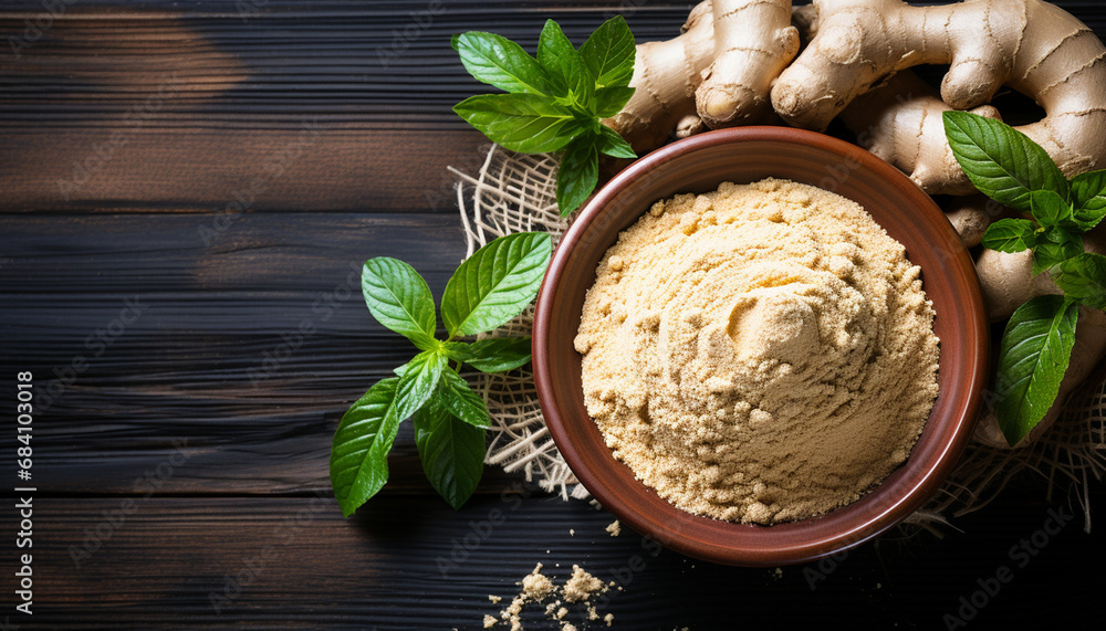 Ground ginger and fresh root with vibrant green leaves on a dark wooden background, a rustic and aromatic scene. Ground ginger and fresh root with vibrant green leaves on a dark wooden background, a rustic and aromatic scene.