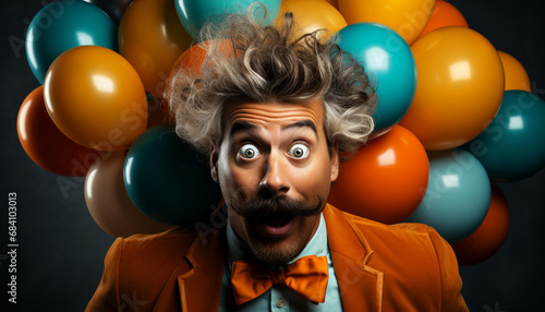 Surprised man with wild hair and orange jacket surrounded by colorful balloons © Vagengeim