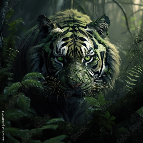 Majesty wildlife Tiger animal in green forest natural habitat. Generative AI © artbot