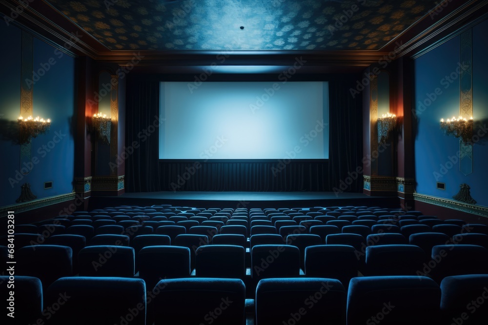 Empty Cinema Mockup Blue Hall, Blank Screen, No People. Сoncept Night Sky Photography, Waterfall Landscapes, Autumn Foliage, Street Art Murals, Urban Architecture