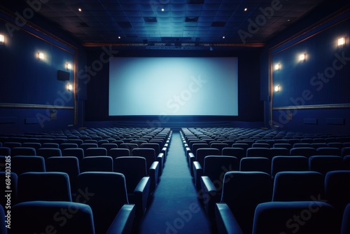 Empty Cinema Mockup Blue Hall, Blank Screen, No People Photorealism