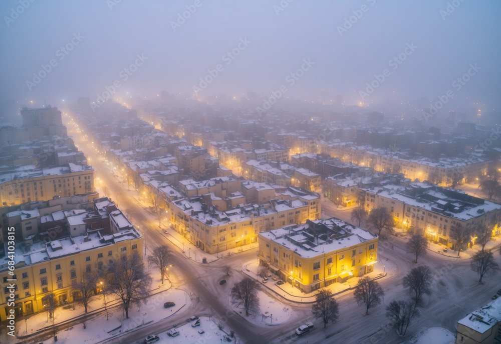 Center of the city in winter. At night and foggy. Drone point of view. The light is yellow. quiet without people