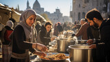 Volunteers distribute food to homeless people on a sunny Middle Eastern city street 