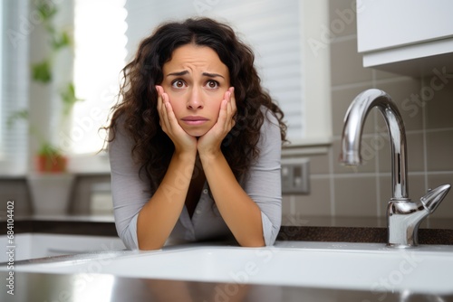 Worried Woman At The Sink, Signaling Plumbing Problem photo