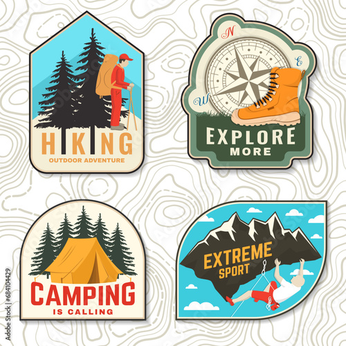 Set of camping patch, sticker. Outdoor adventure vector badge. Vintage typography design with forest pine tree and hiker, hiking boots and compass, camping tent, climber on the mountains and forest