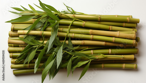 Fresh bamboo stems with vibrant green leaves on a white background.