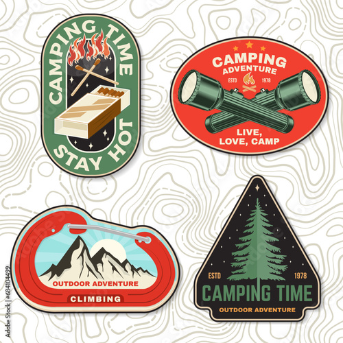 Set of outdoor adventure sticker. Vector. Vintage typography design with camping flashlight, forest pine tree, climber, matches box, matches stick and mountain silhouette