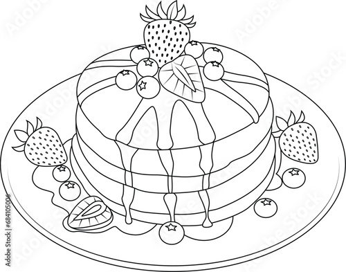 Hand drawn illustration of strawberry pancake coloring page for kids and adults. Food and drink colouring book